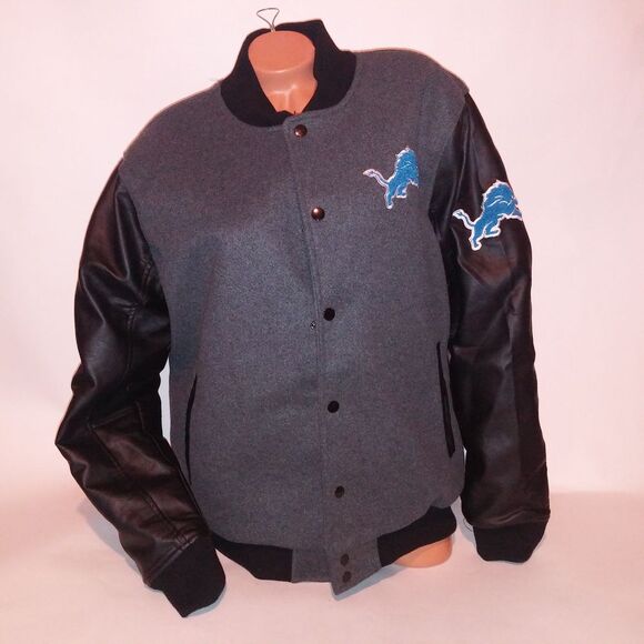 Detroit Lions Bomber Jacket Mens Black Gray Blue Logo Varsity Jacket NFL - Picture 1 of 13